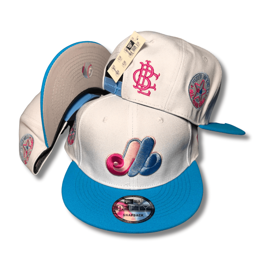 Montreal Expos White and Blue with Pink Accents and All-Star Patches – Snapback Cap